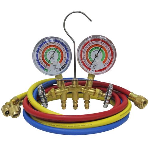 59161 Brass 2-Way Manifold, 3 1/8-Inch Gauges R410a,r22,r404a With 3 - 60-Inch Hoses