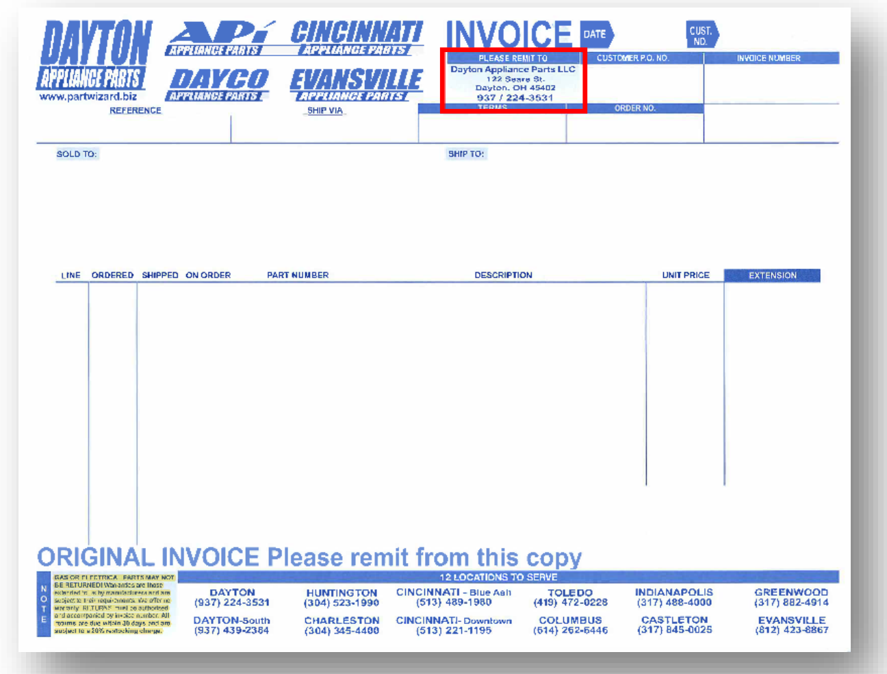 Image is showing an example of a Dayton invoice with remittance information