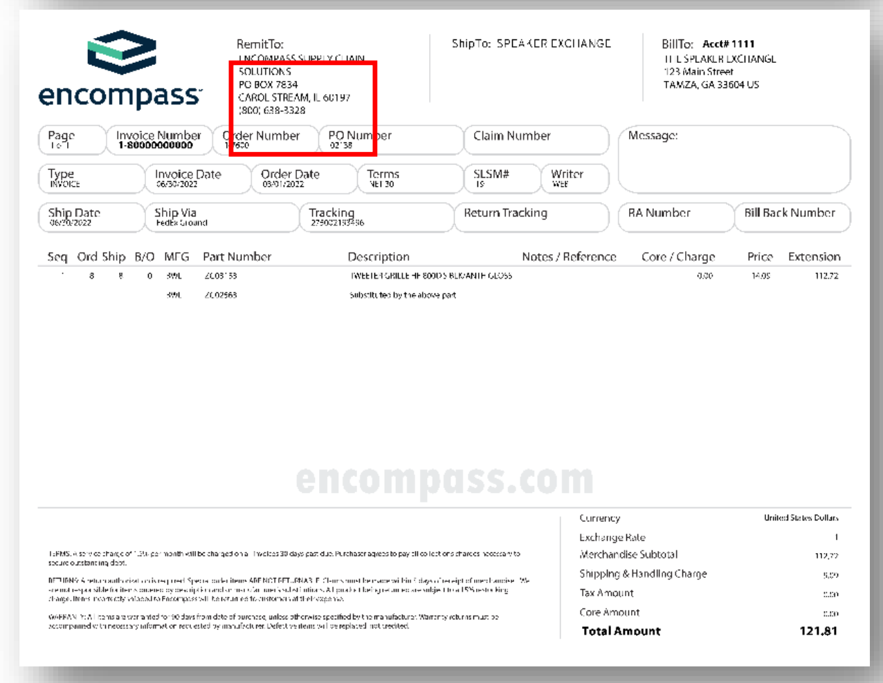 Image is showing an example of a Encompass invoice with remittance information.