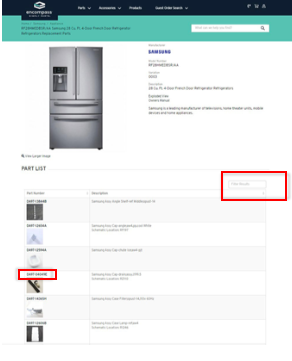 The parts page for a refrigerator, with a red box around the Filter results box and the gray sorting arrow located in the table beneath the box